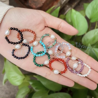 4mm Natural Gemstone Beads White Rice Pearl Adjustable Stretchy Finger Rings