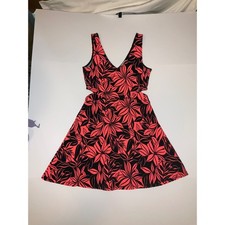 Women's Black Coral Floral Print Cutout SunDress Feminine Sexy Size Medium