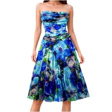 Elana Kattan Strapless Floral Dress Blue Green USA Made XS