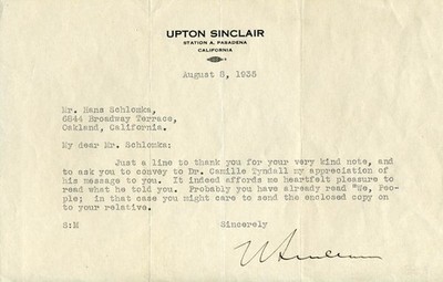 UPTON SINCLAIR - TYPED LETTER SIGNED 08/08/1935