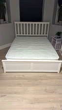 White Wooden Double Bed Frame, Lift-Up Storage Base, 2 Drawers, Slatted Head