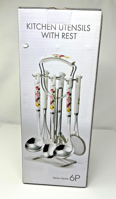 Kitchen Utensil Set 7 Piece, Stainless Steel, Ceramic Handles with Utensil Stand