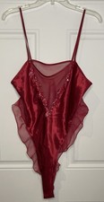Vintage Victoria  s Secret Gold Label Large Red Satin Sheer Sequin Teddy Bodysuit