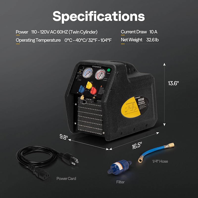 Refrigerant Recovery Machine 1 HP Dual Cylinder Oil-Less Freon