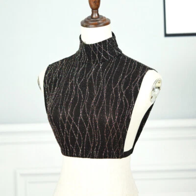 Damen Glitzer Gestreift Gestrickt Falsche Kragen Halb Hemd Gekürzt Top Bluse - Bild 1 von 4