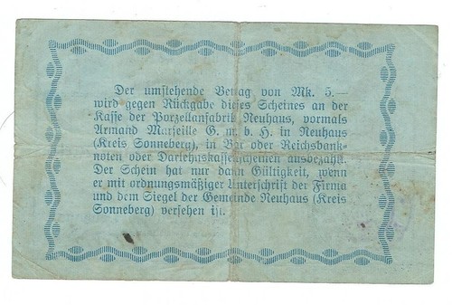 Notgeld - Gutschein Porzellanfabrik Neuhaus (Krs. Sonneberg) - 5 Mark - 1918-RAR - Picture 2 of 2