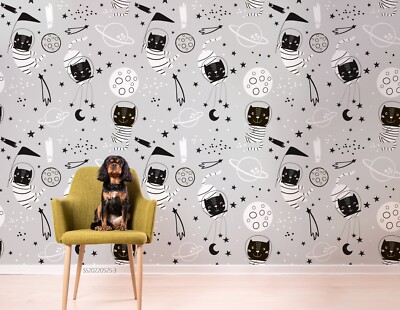 3D Space Cat Planet Hand Drawn Pattern Self-adhesive Removable Wallpaper Murals