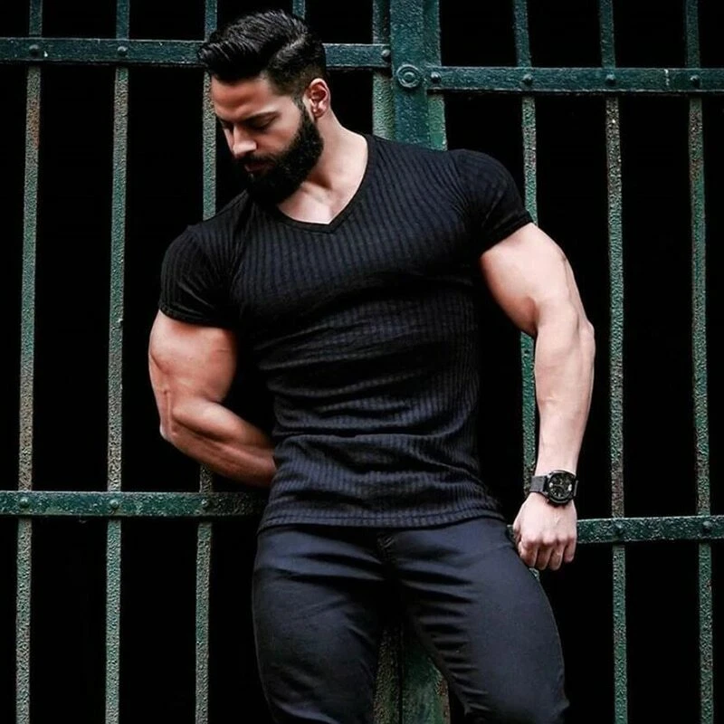 Men Summer Fashion Slim Running Sport V Neck Short Sleeve T Shirt Gym Clothes