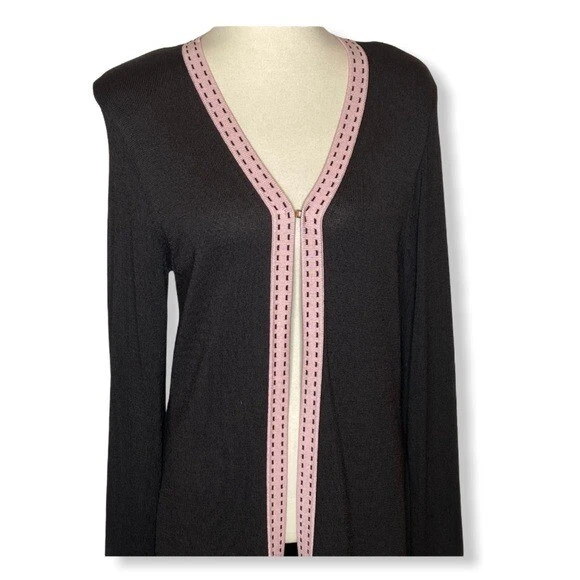 Chaqueta Cárdigan Plumero Largo Kate Hill Marrón con Borde Rosa Cuello en V Para Mujer Talla M Foto 2 de 4