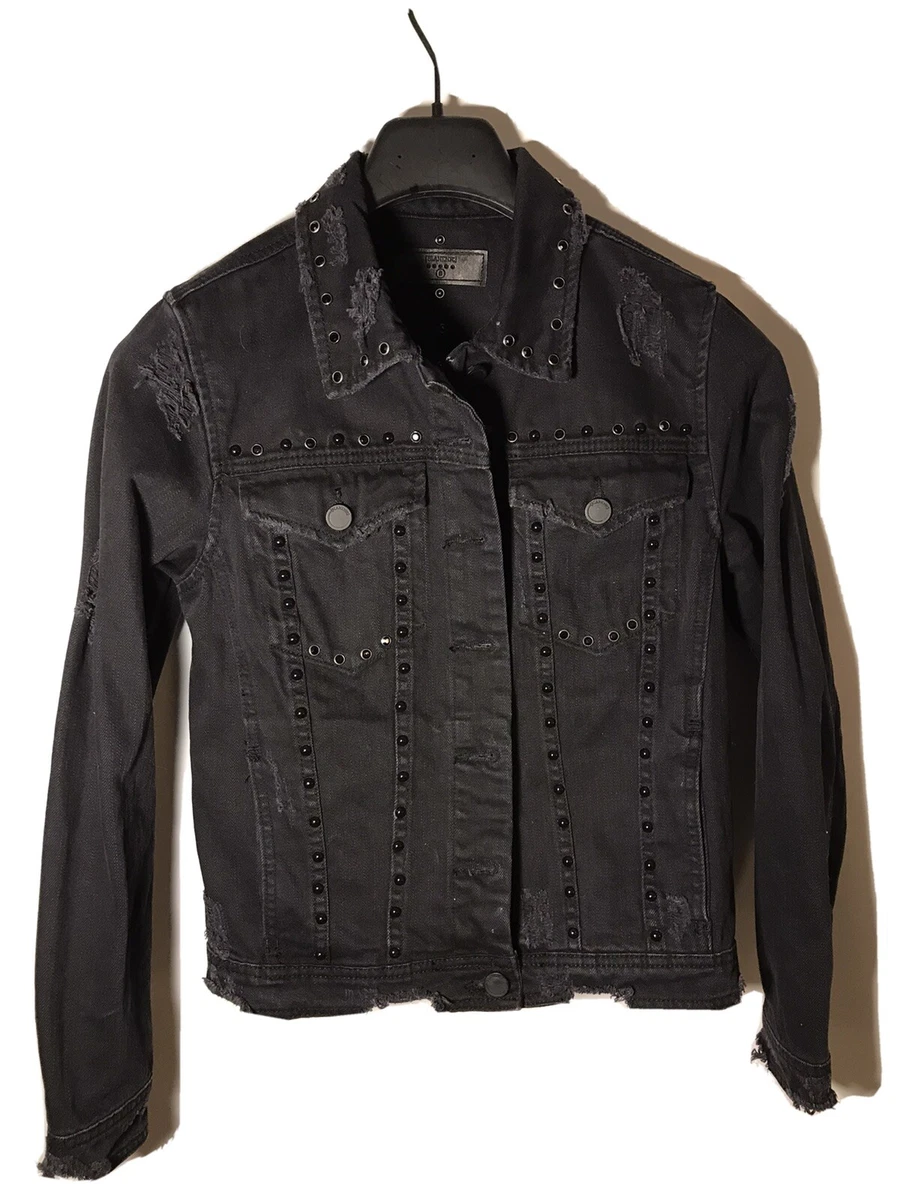 Blank NYC Women s S Distressed Denim Jacket Black with Jewels