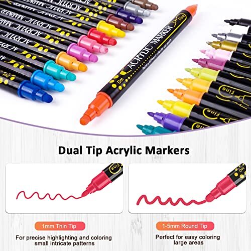 Betem 24 Colors Dual Tip Acrylic Paint Pens Markers Premium Acrylic