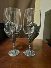 Set Of Myths & Legends Veronese Pewter and Glass Dragon Wine Glasses Goblets