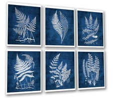 Fougère Mural 'Art Avec Bleu Marine Arrière-plan sans Cadre Set De 6 Décor Art