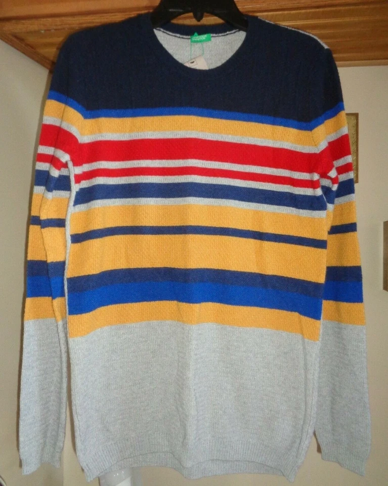 UNITED COLORS OF BENETTON HEATHER GRAY/MULTI STRIPE PULLOVER SWEATER NWT 13/14 - Image 3 of 4