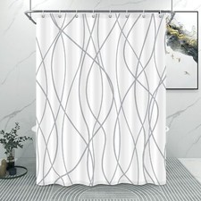 Grey and White Striped Fabric Shower Curtain for Bathroom with 8 Hooks Shower...