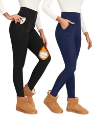 WOMEN'S WARM THERMAL THICK FLEECE LINED WINTER HIGH WAIST LEGGINGS WITH POCKETS
