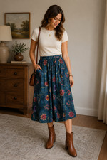 Vintage Alfred Dunner Petite 14 Blue Floral Midi Skirt USA Made Pockets