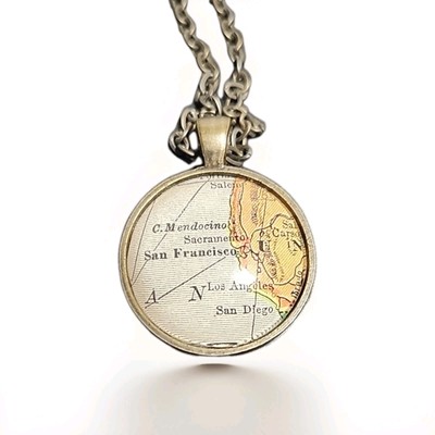 Map Necklace Pendant California Travel  C.M Endocino San Francisco Sacramento