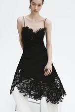 H&M Women Linen Blend Lace Detail Dress Black Midi A Line Open Back NWT (XL)