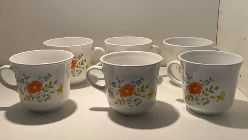 Vintage Corning Ware Corelle Wildflowers Coffee Tea Cups Mugs Set Of 6 USA