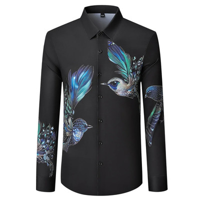 New Luxury Men Diamond Birds Rhinestones Fashion Button Shirt High Quality
