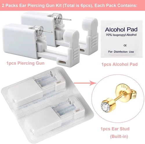 Disposable Ear Piercing Kit 2Pcs Gun Tool with Gold Studs Cartilage Clean 6Pcs image 3