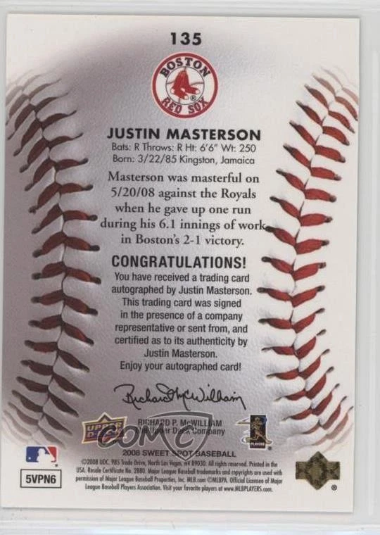 2008 Sweet Spot Holofoil Signatures /50 Justin Masterson #135 Rookie Auto RC - Image 2 of 2