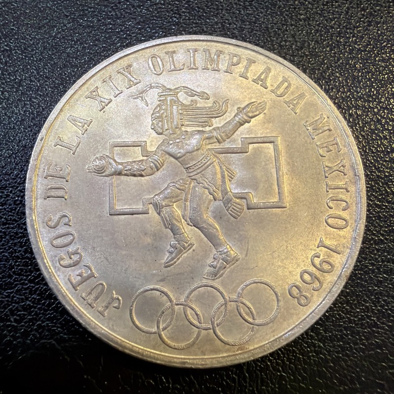 1968 MEXICO CITY OLYMPICS SILVER 0.720 LEY 25 PESOS COIN Br65