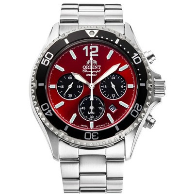 Orient Mako Herren Solaruhr RA-TX0207R10B 43mm Chronograph rotes Ziffernblatt Stahl 200M