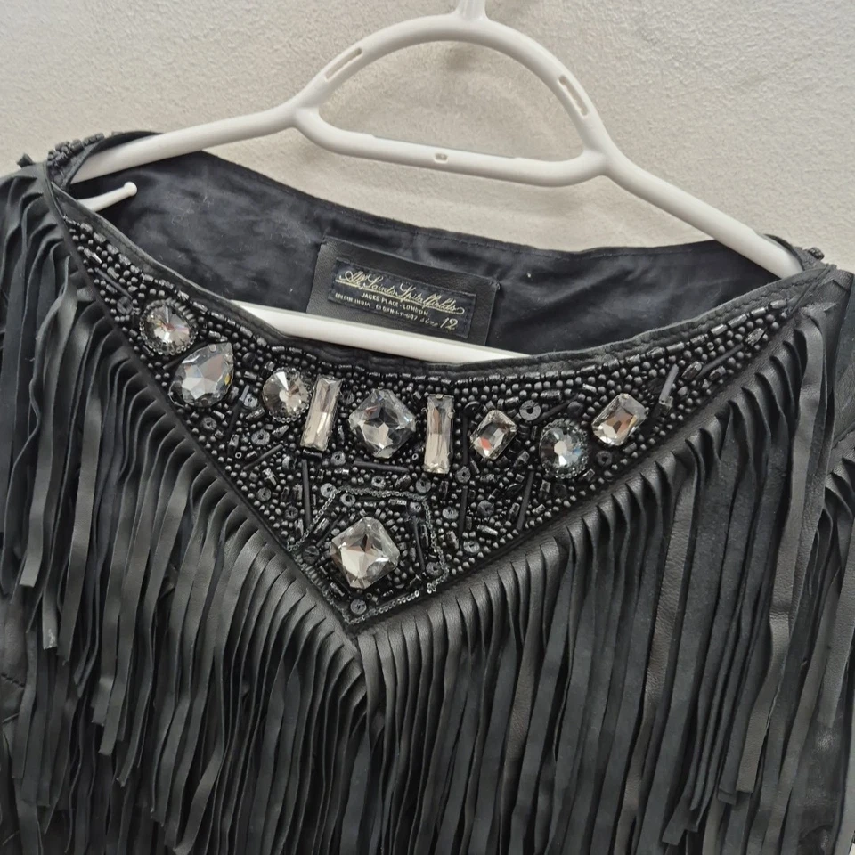 All Saints Leather Dress Marail Jewel Tassel Fringe Embellished Black Size Uk 12 - Image 2 of 4