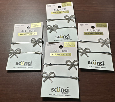 (4) Scunci Trend Essentials Bobby Pins ~ Silver Tone / Rhinestone Bow ~ 2 Pack