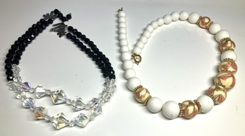 Vintage Lot 2 Japan Gold Tone Bead Faux Pearl Double Strand Necklaces