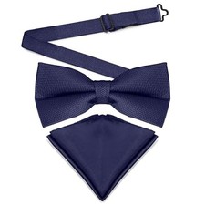 Mens Banded Bow Tie and Pocket Square Set  Solid Color  Pre Tied Classic Navy