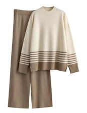 Women's 2 Piece Outfits Sweatsuit Knit Striped Pullover Top Wide Leg Pants Tr...