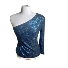 White House Black Market Blue Sequin One Shoulder Long Sleeve Top Small