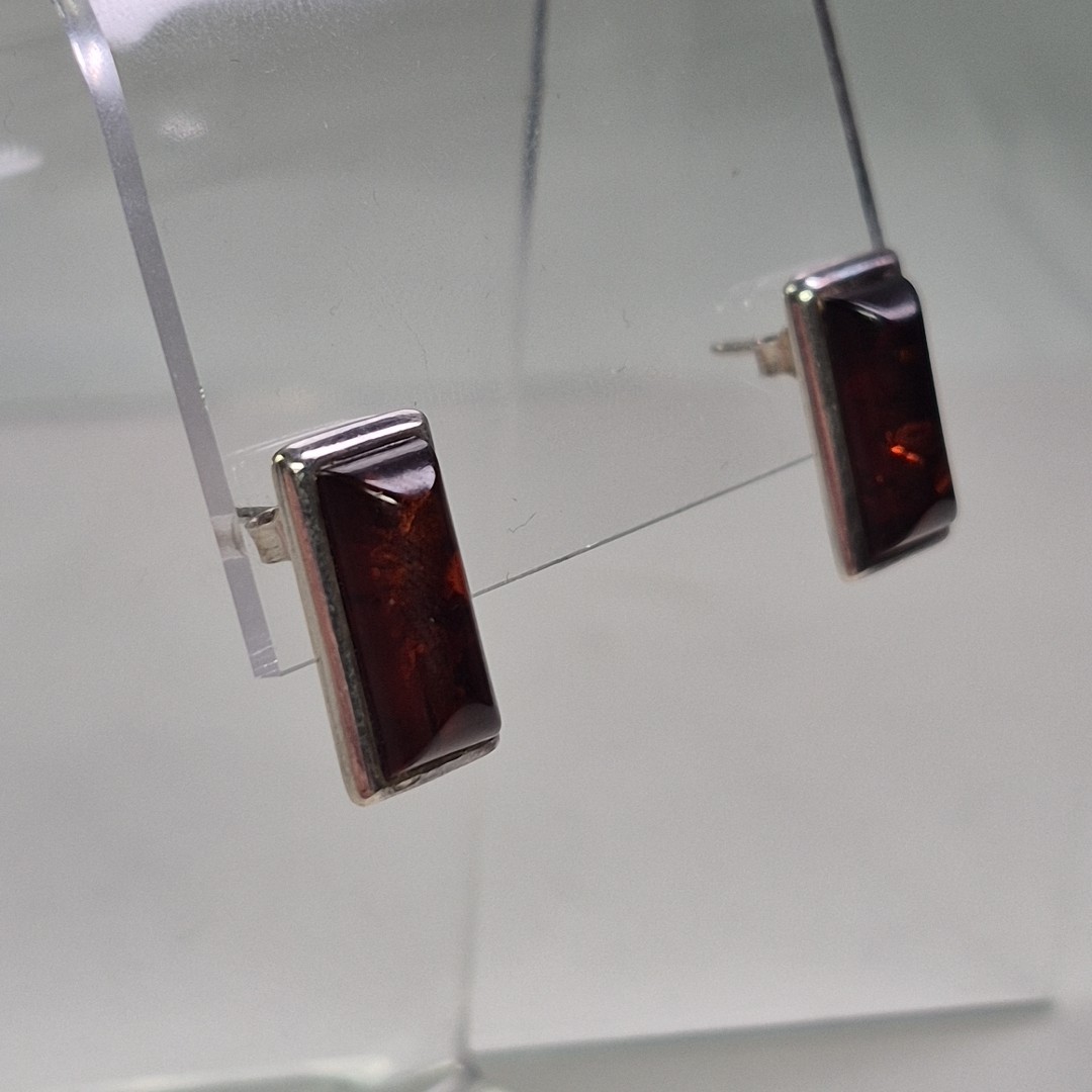 Modern Sterling Silver 925 Rectangular Amber Post… - image 2