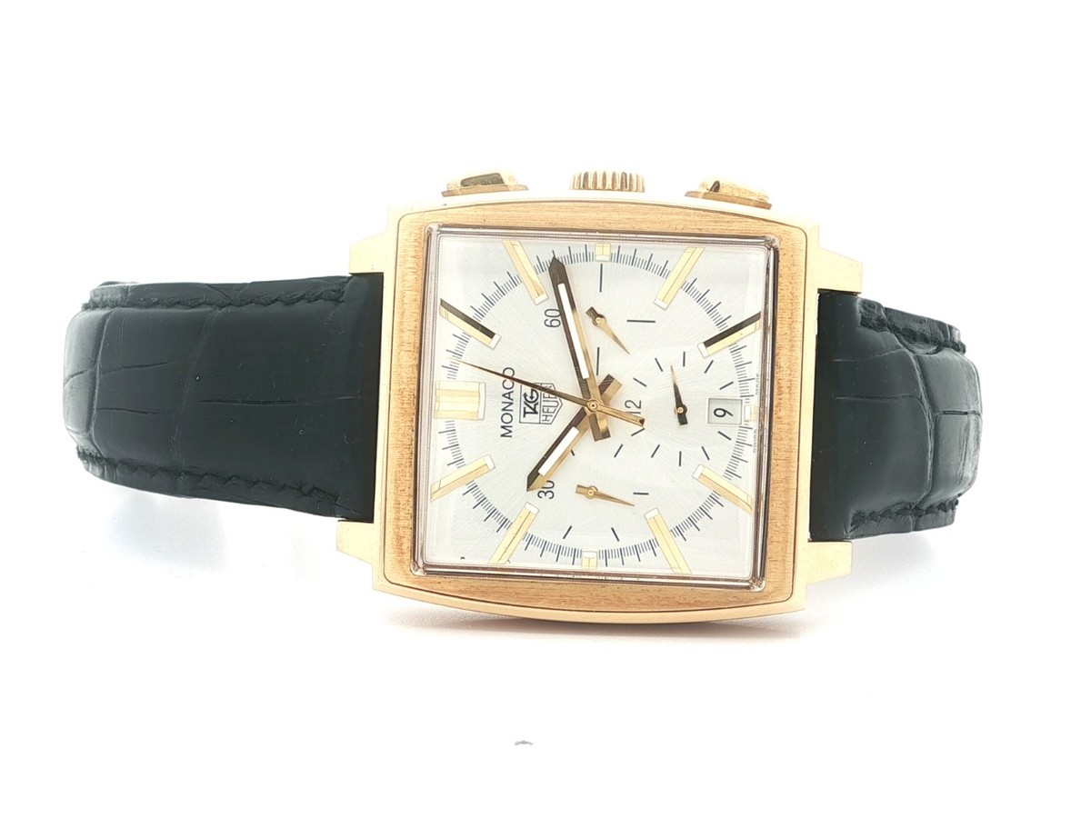 Monaco Gold Rectangular Crystal Watch Tag Heuer Moncao 18k Yellow Gold 38mm Automatic Chronometer  main image 3
