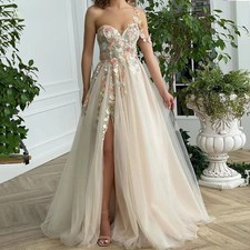 Elegant Wedding Dresses Embroidery Floral Lace V-neck Side Slit Bridal Gown