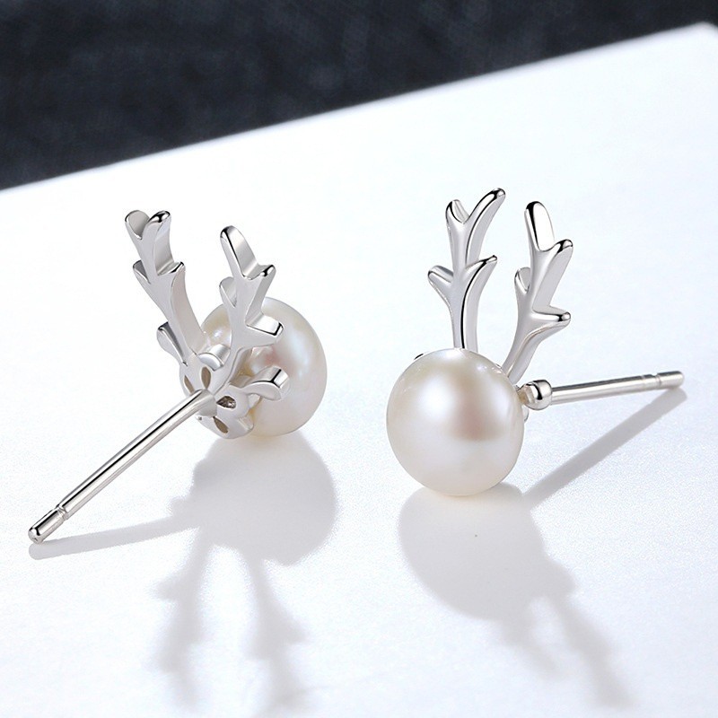 Cute Christmas Antler Stud Earrings for Women with Faux Pearl-image