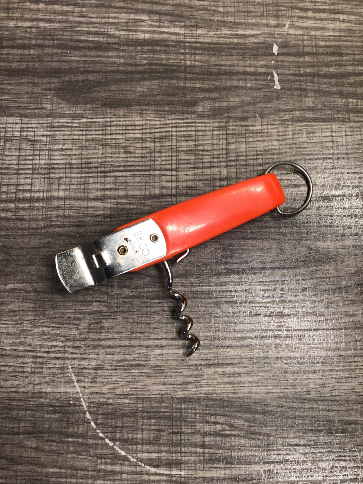 Vintage Ekco USA Bottle Opener Retractable Corkscrew Wine Orange Red