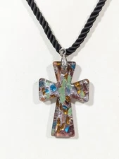 Colorful Foil Art Glass Cross Necklace Black Cord Murano Style Religious Pendant