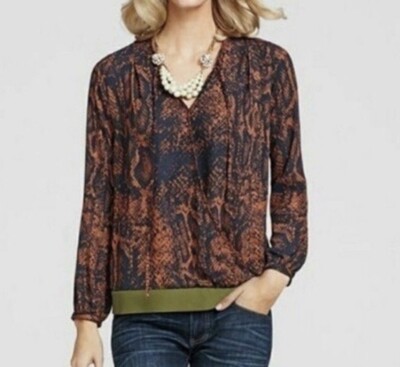 Cabi 101 Python Print Border Wrap Blouse Navy Rust Olive Snakeskin Top Sz Medium