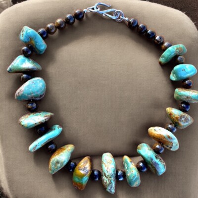 Chunky Turquoise & Bronzite Artisan Statement Necklace, Hammered Sterling S-Hook