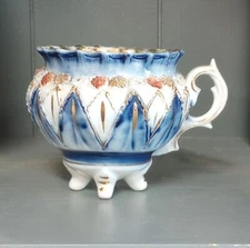 Vintage Footed Tea Cup Victorian Style White Blue Gold Salmon Flowers Diamonds 
