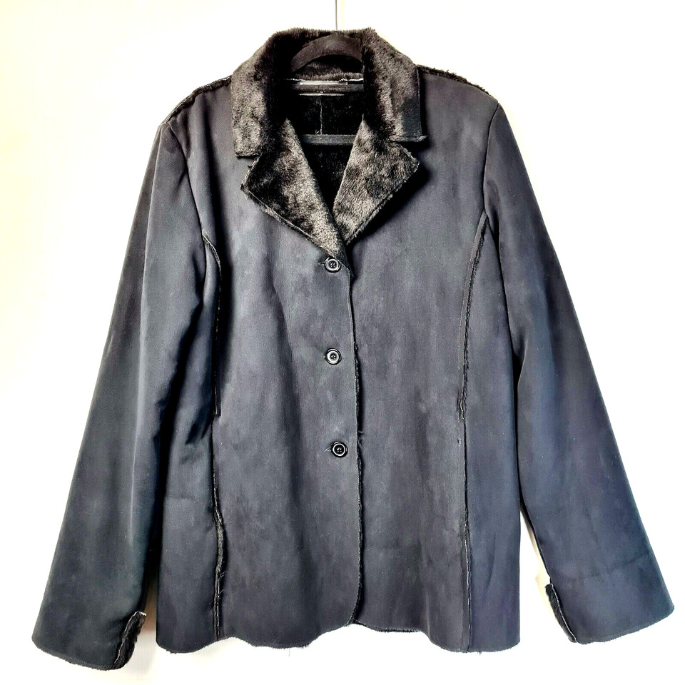 Etique Ladies Black Jacket Faux Suede Faux Fur Backing Collared Buttons Size 10
