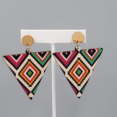 Large Wood Boho Statement Pierced Earrings Multicolor Design Triangle  2.5''