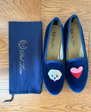 Del Toro Blue Velvet Embroidered Dog Heart Loafers Women's Size 9 1/2