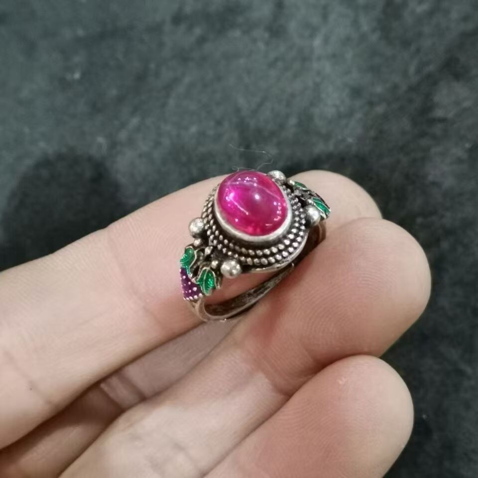 Antique Old Chinese Cloisonne Silver Inlay Gems Flower Jewelry Figure Ring