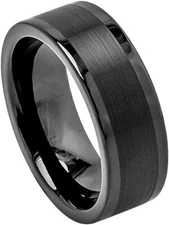 8mm Tungsten Carbide High Polish Black Enamel Pipe Cut Brushed Wedding Band Ring