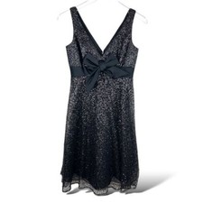 Carmen Marc Valvo Black Sequin Silk Cocktail Party Dress Black Satin Bow Sz 6